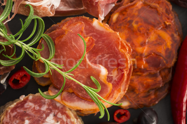 a pile of different spanish embutido, jamon, chorizo and lomo em Stock photo © joannawnuk