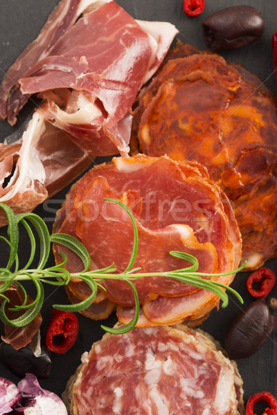 a pile of different spanish embutido, jamon, chorizo and lomo em Stock photo © joannawnuk