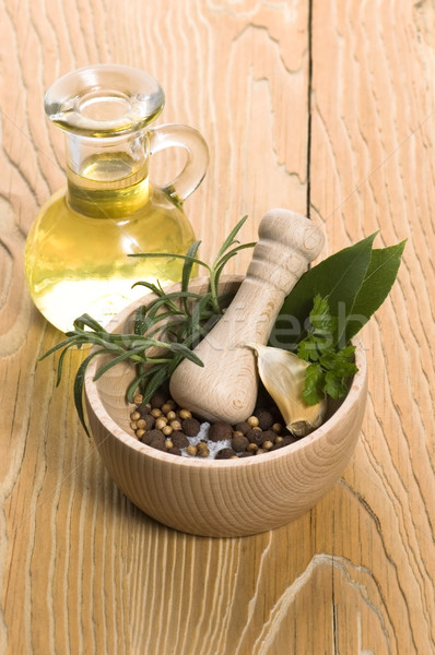 Mortar and pestle, with fresh-picked herbs Stock photo © joannawnuk