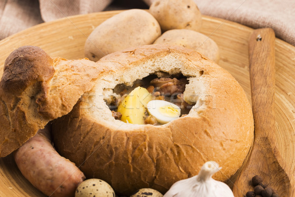 traditional white borscht (zurek) with sausage,egg and mushrooms Stock photo © joannawnuk