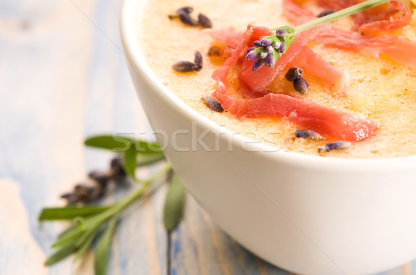 Stock photo: fresh melon soup with parma ham and lavender flower