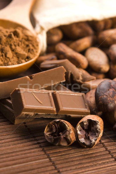 Cocoa (cacao) beans with chocolate Stock photo © joannawnuk