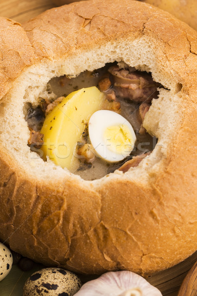 Stock photo: traditional white borscht (zurek) with sausage,egg and mushrooms