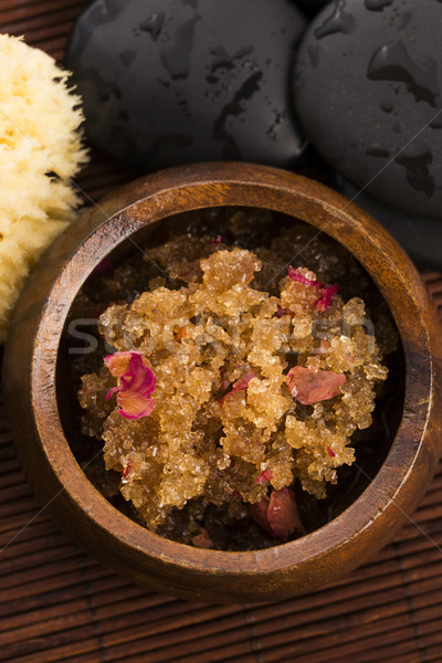 Homemade body peeling with sugar, olive oil and rose petal Stock photo © joannawnuk