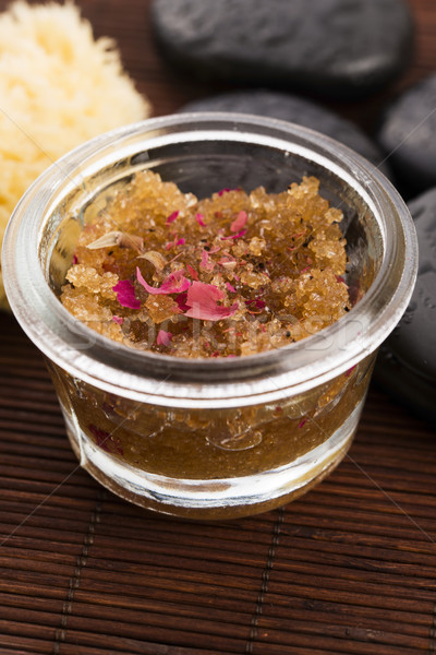 Homemade body peeling with sugar, olive oil and rose petal Stock photo © joannawnuk