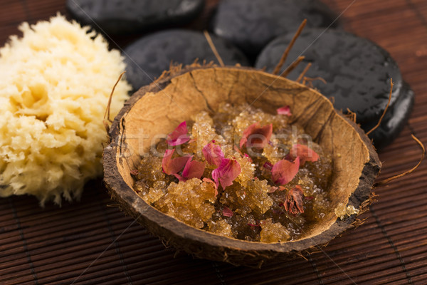 Homemade body peeling with sugar, olive oil and rose petal Stock photo © joannawnuk