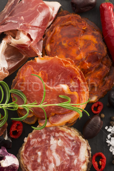 a pile of different spanish embutido, jamon, chorizo and lomo em Stock photo © joannawnuk