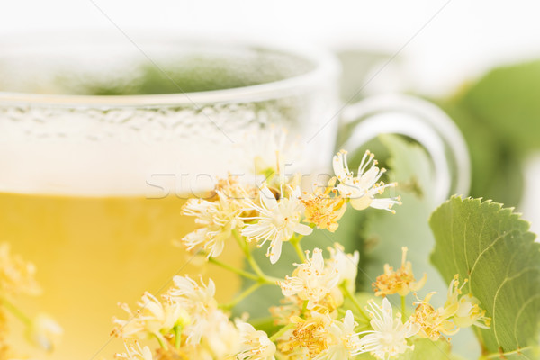 Stock photo: teapot and cup with linden tea and flowers