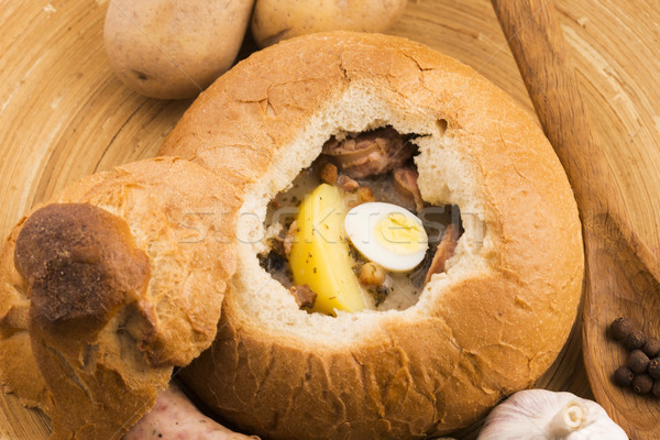 traditional white borscht (zurek) with sausage,egg and mushrooms Stock photo © joannawnuk