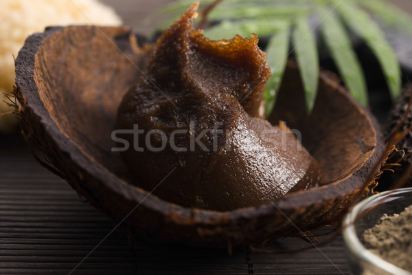 Homemade body peeling with sugar, olive oil and face mask Stock photo © joannawnuk