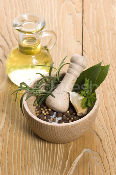 Mortar and pestle, with fresh-picked herbs Stock photo © joannawnuk