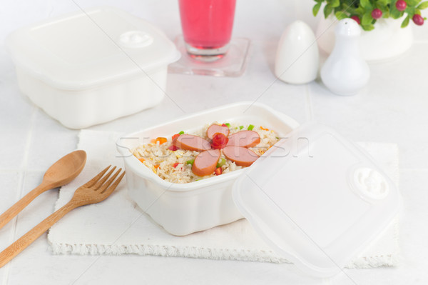 fried rice with sausages in the clear microwave box ready to eat Stock photo © JohnKasawa