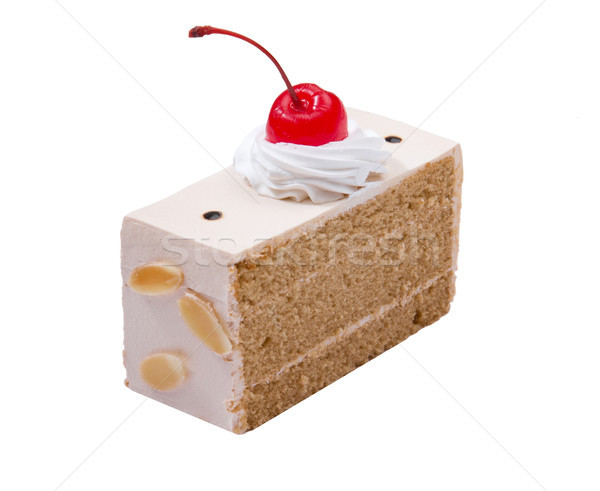 Stock photo: Coffee cake with mousse whipping cream almond nut and cherry on 