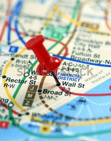 The red pin nailed on the Wall Street stop. Other color pins nailed on different places. Stock photo © johnkwan