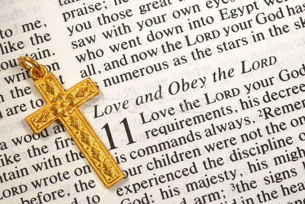 A golden cross on the bible concepts of love and obey the Lord Stock photo © johnkwan