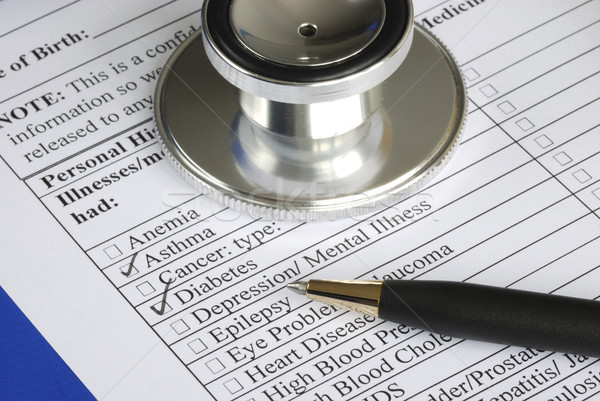 Foto stock: Enchimento · médico · história · questionário · isolado · azul