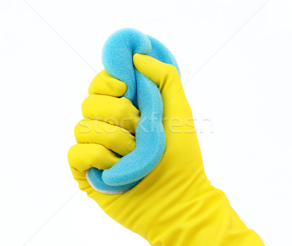 Schoonmaken handschoenen Geel Blauw spons witte hand Stockfoto © Johny87