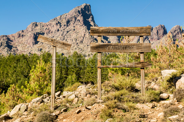 Wooden signs and mountains in Forest d'Albertacce in Corsica Stock photo © Joningall