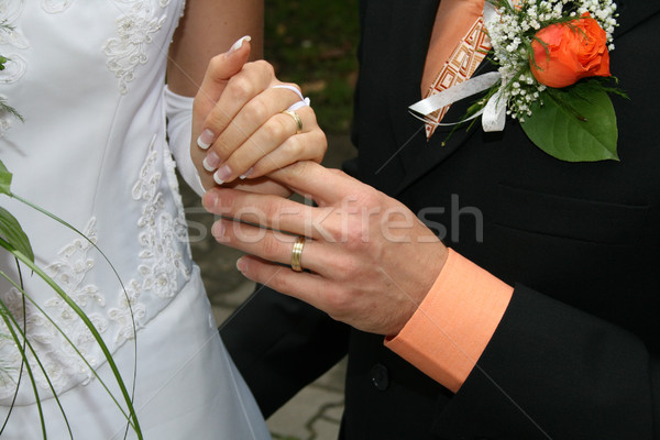 Hochzeit Kleidung Detail schönen Blumen Hände Stock foto © jonnysek