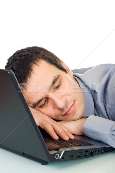 [[stock_photo]]: Affaires · dormir · fatigué · bureau · tête · clavier