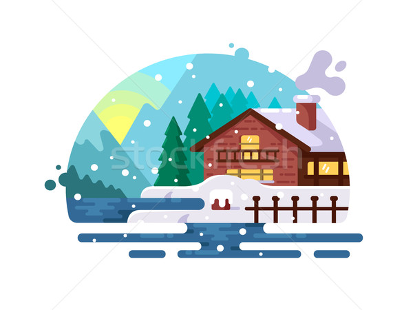Houten huis meer wal winter bergen Stockfoto © jossdiim