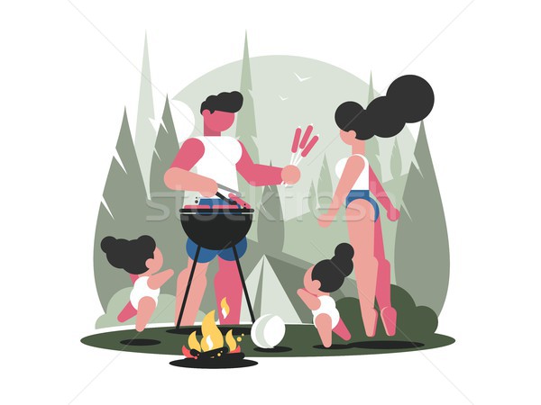[[stock_photo]]: Jeunes · famille · enfants · pique-nique · barbecue · feu · de · camp