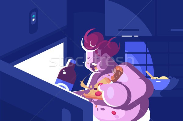 Przejadanie dziewczyna jedzenie otwarte lodówce człowiek Zdjęcia stock © jossdiim