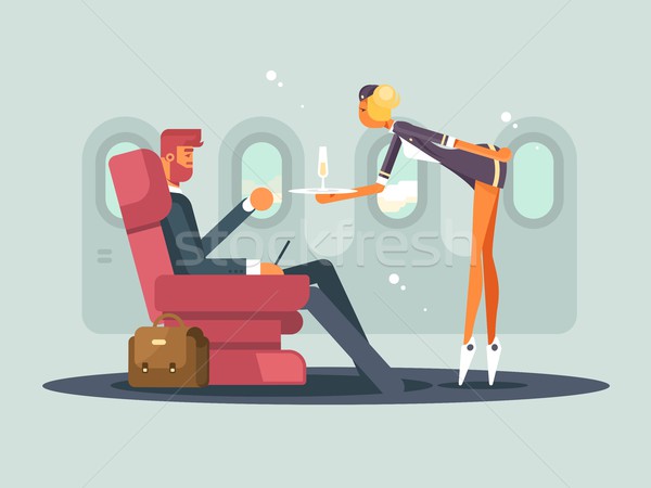 [[stock_photo]]: Affaires · classe · avion · serveuse · champagne · fille