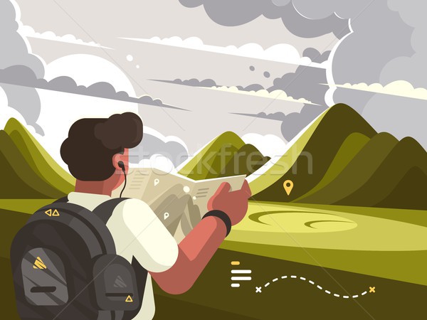 Traveler with map planning route to mountains Stock photo © jossdiim