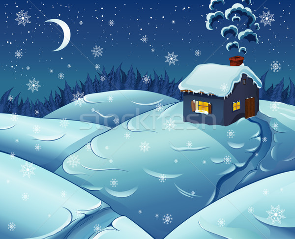 雪 夜 降雪 房子 森林 月亮 商業照片 © jossdiim