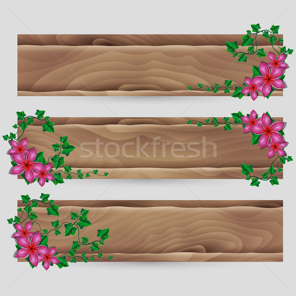 Ivy leafs and exotic flower decorated vector wood banner set Stock photo © Jugulator