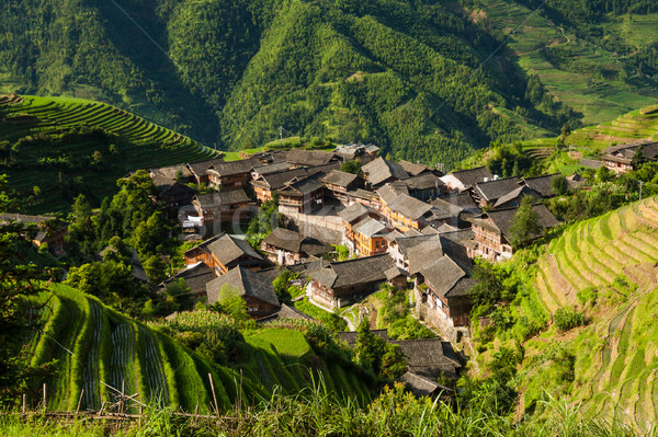 Landscape photo of rice terraces and village in china Stock photo © Juhku