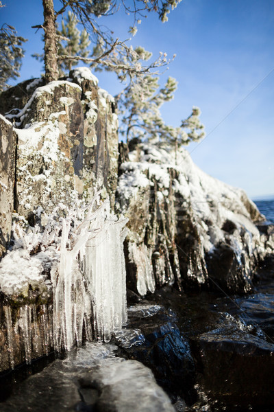 Frozen lakefront rock cliff  Stock photo © Juhku