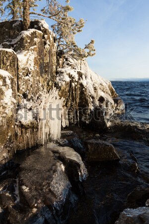 Stockfoto: Bevroren · rock · klif · zonsopgang · licht · water