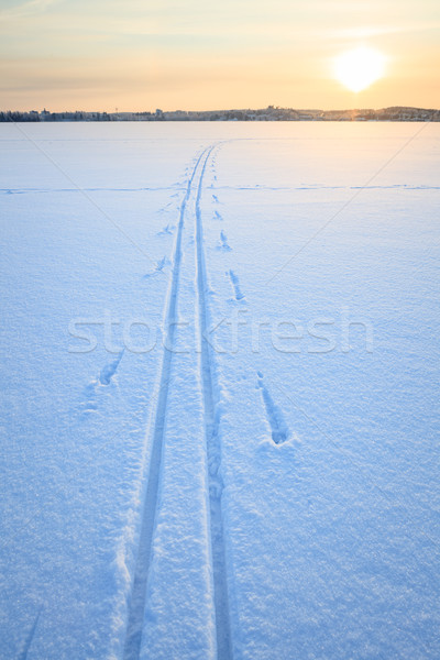 Сток-фото: лыжных · снега · озеро · зима · Финляндия · закат
