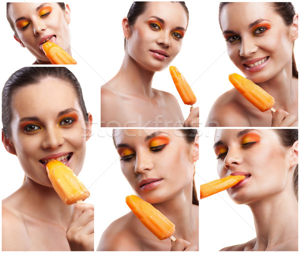 Collage of closeup portraits  joyful woman eating orange ice-cream  Stock photo © julenochek