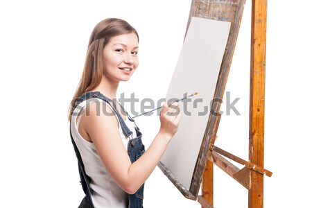 Jungen lächelnde Frau stehen Staffelei Maler Pinsel Stock foto © julenochek