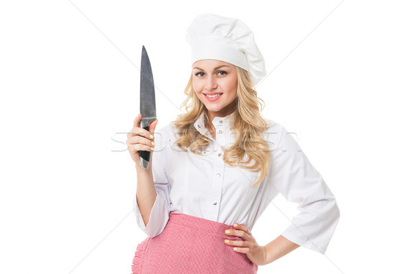 Belle femme blonde chef uniforme couteau portrait Photo stock © julenochek