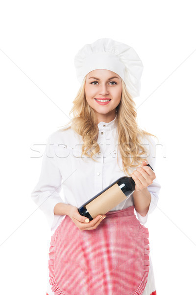 Blonde vrouw hoed schort fles portret Stockfoto © julenochek