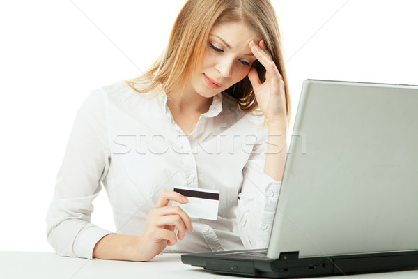 Foto stock: Empresária · laptop · cartão · de · crédito · branco · computador · internet