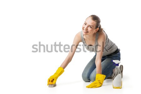 Young woman with scrub brush and cleansing spray isolated Stock photo © julenochek