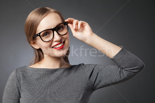 Foto stock: Belo · sorrindo · óculos · olhando · câmera · retrato