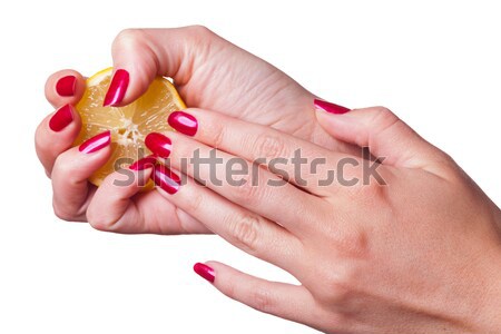 Manicured nails caress dark pink flower pedals Stock photo © juniart