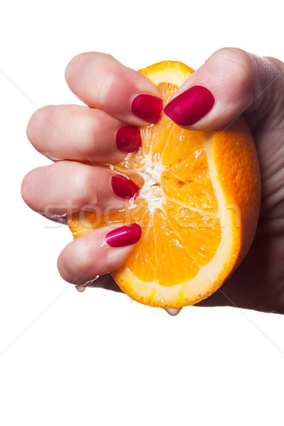 Hand with manicured nails touch an orange on white Stock photo © juniart