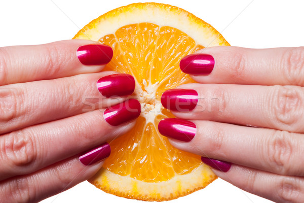 Hand with manicured nails touch an orange on white Stock photo © juniart