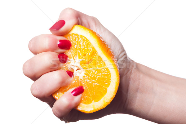 Hand with manicured nails touch an orange on white Stock photo © juniart