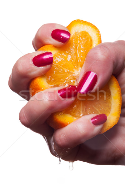 Hand with manicured nails touch an orange on white Stock photo © juniart