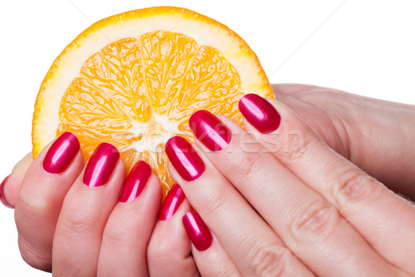 Hand with manicured nails touch an orange on white Stock photo © juniart