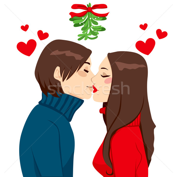 Foto stock: Natal · visco · beijo · homem · mulher · beijando