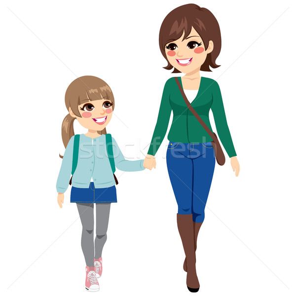 ストックフォト: 母親 · 娘 · 学校 · 小さな · 手をつない · 徒歩